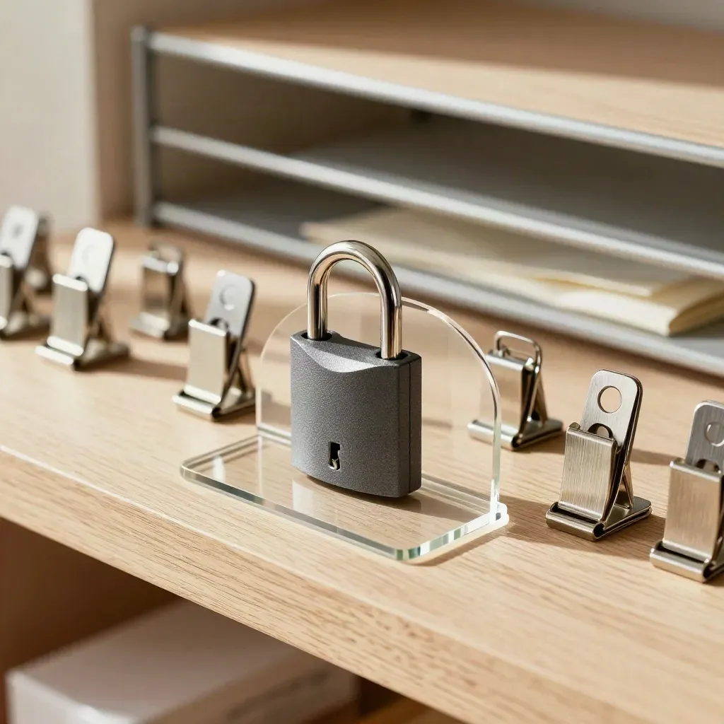 Retail fit-out still life with acrylic riser, anti-theft tag, and shelf clips on pale wood.