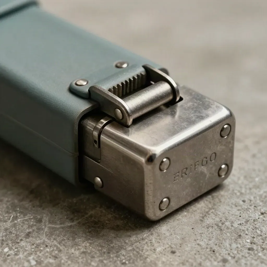 Cargo seal, ratchet buckle and steel corner protector on concrete, lit in a teal-accented macro still life.