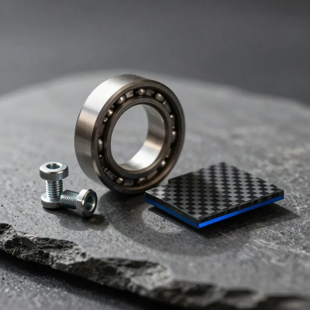 Macro of titanium bearing ring, fasteners and carbon-fibre chip on graphite stone.