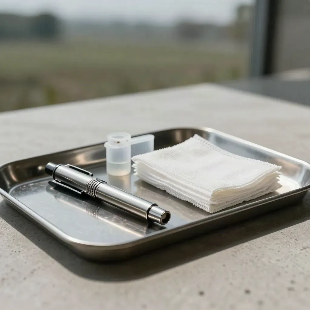 Diagnostic penlight, vial case, gauze pack and metal tray on pale concrete