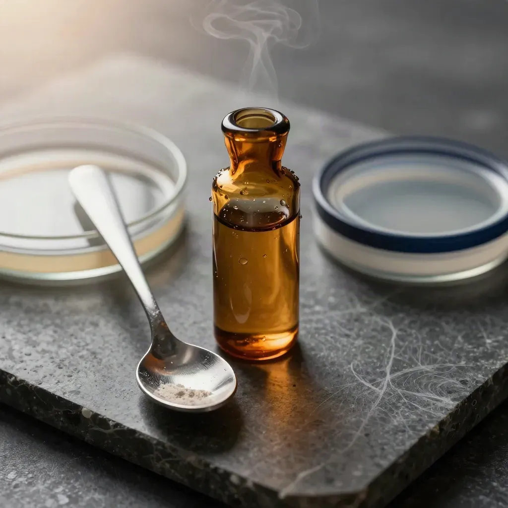 Amber reagent vial, stainless spoons and capped petri dish on stone with cool lab vapor.