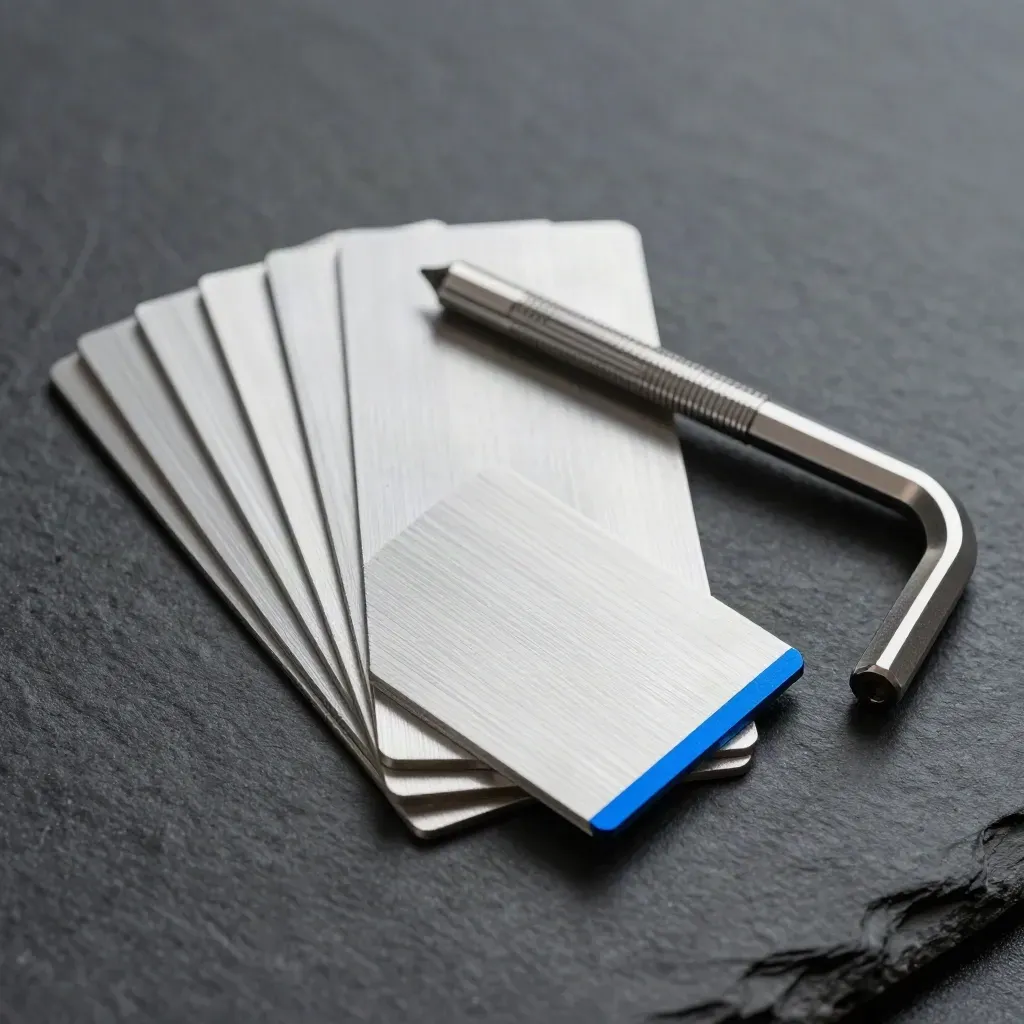 Anodised aluminium swatches, hex key and magnetic bit holder on dark slate with dramatic studio light.