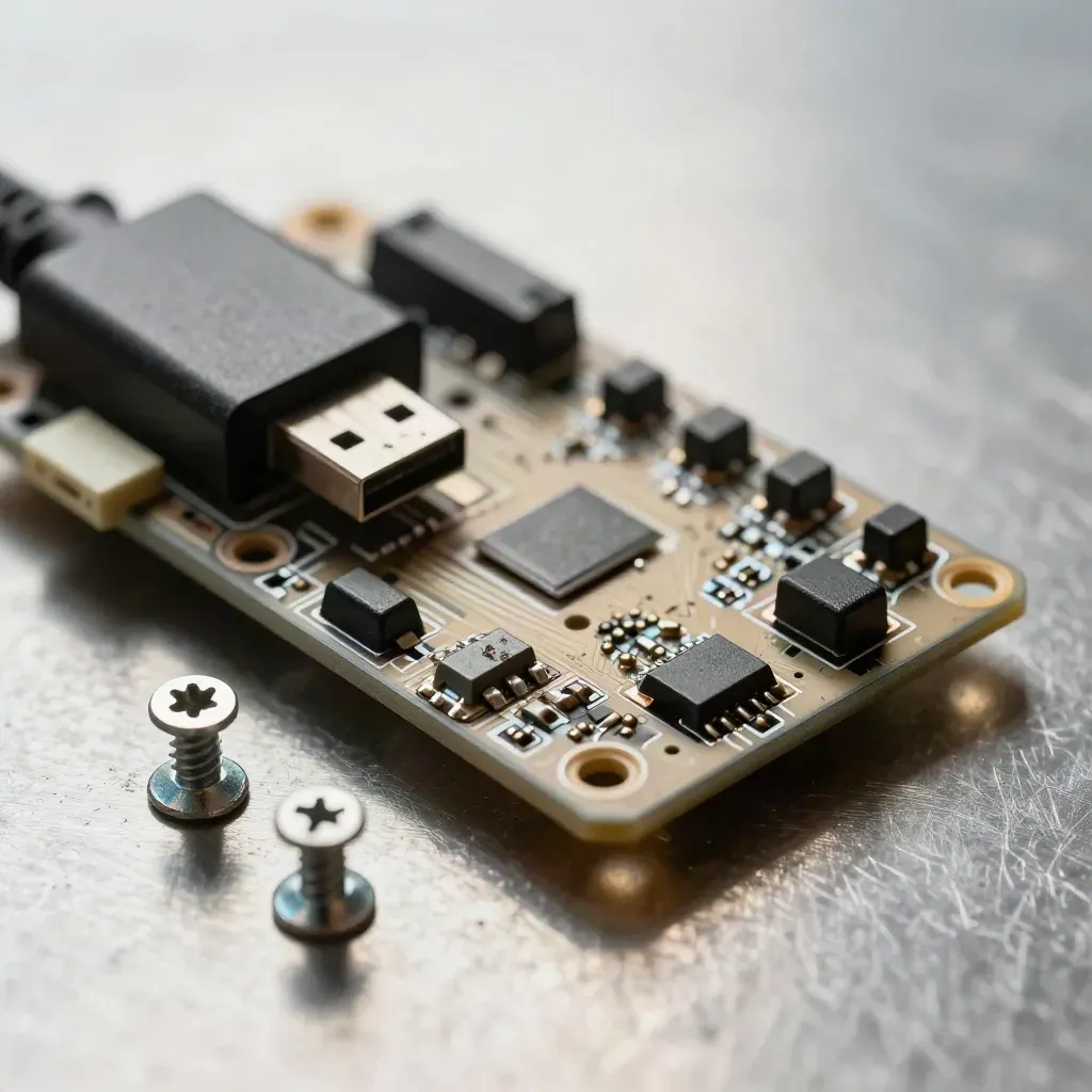 Macro of a half-assembled development board with USB adapter, standoffs, and screws on brushed metal.