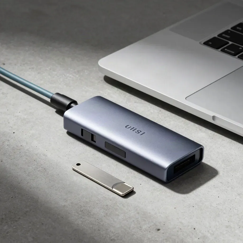 Closed laptop, USB-C hub and metal spacers on pale concrete under dramatic studio light.
