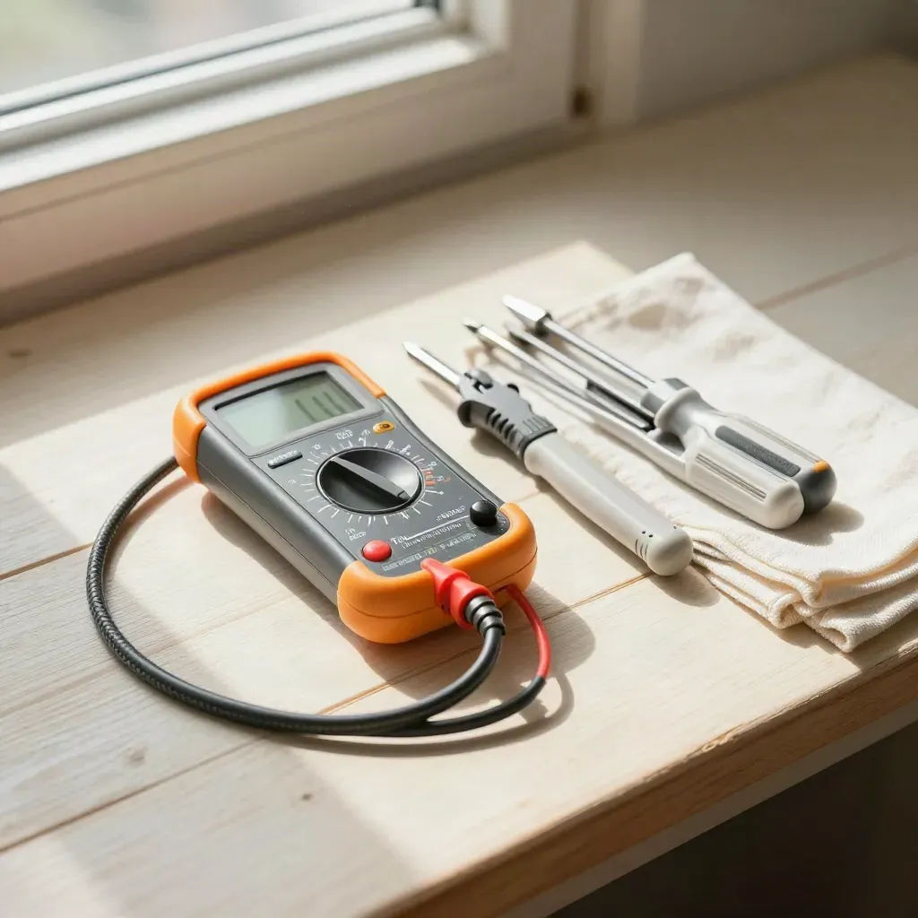 Multimeter, cable tester and screwdrivers clustered on pale wood in soft daylight.