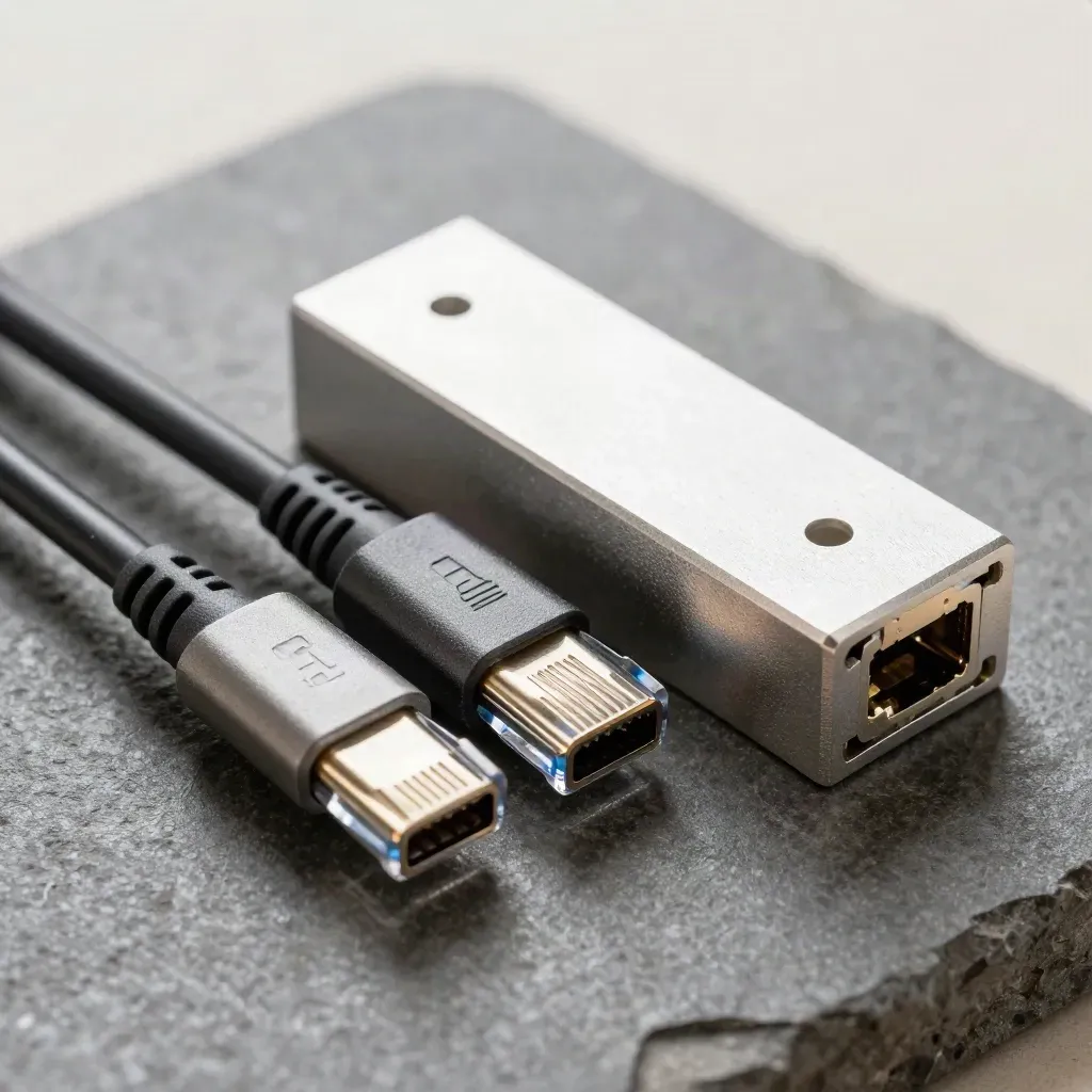 Macro flat lay of USB-C and ethernet connectors aligned on graphite stone beside a modular hub block.