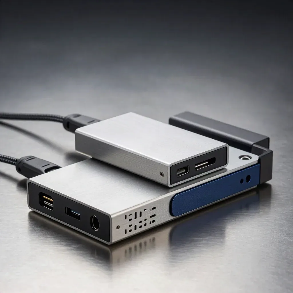 Macro of SSD caddies and a USB-C dock on brushed steel with cool mist and hard side light.