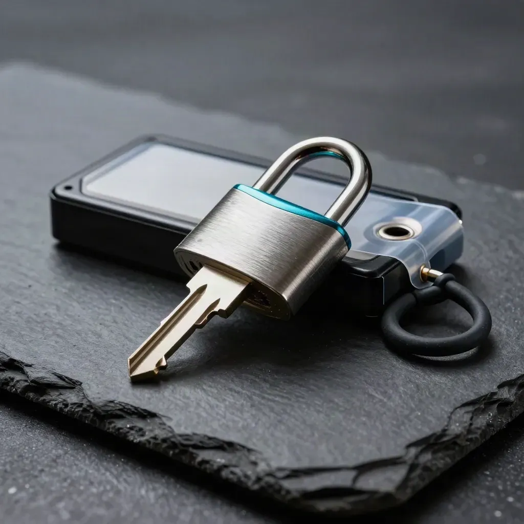Security key, padlock, backup drive, and tamper tag on dark slate under dramatic light.
