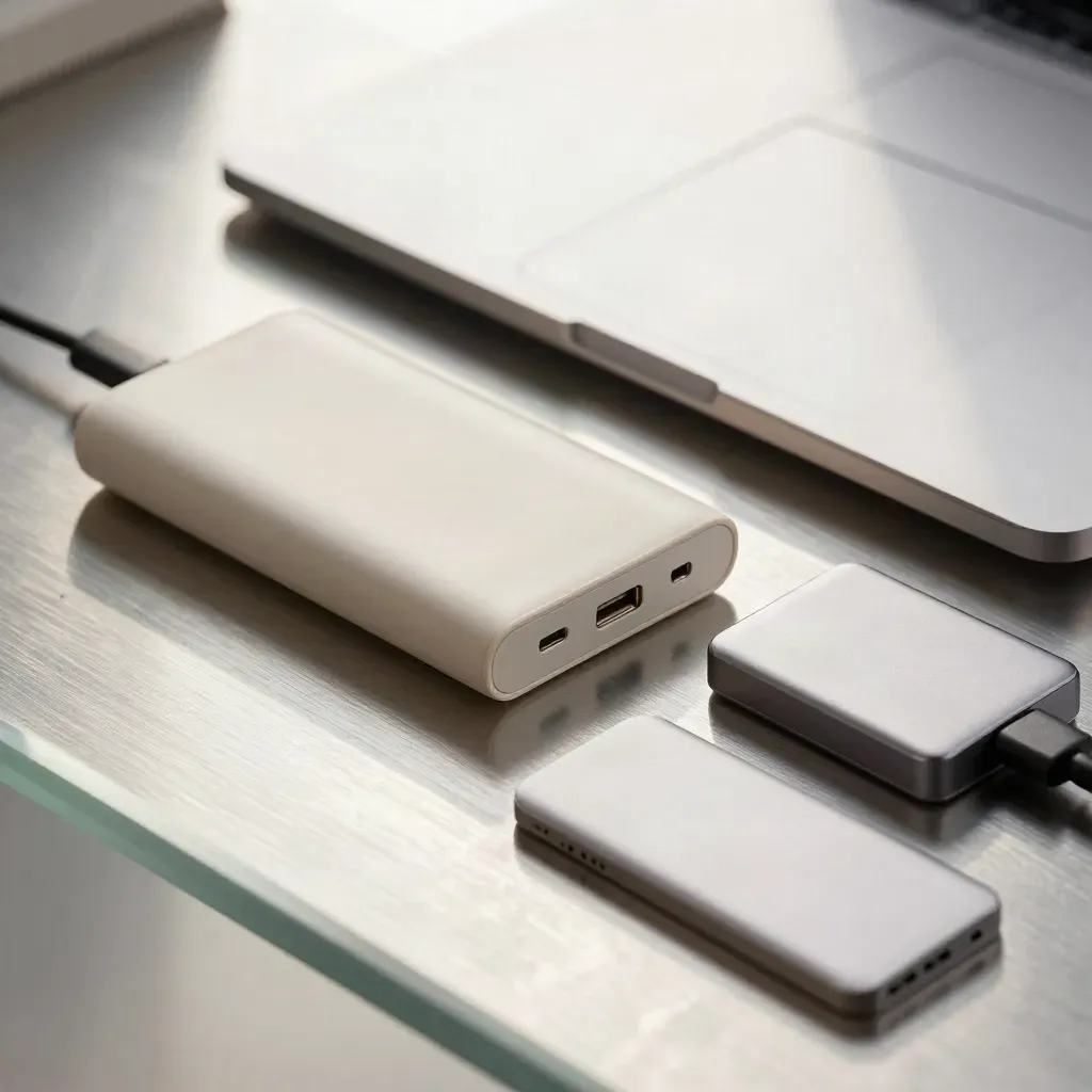 Closed laptop with power bank, USB-C hub and SSD on brushed metal, seen through glass.