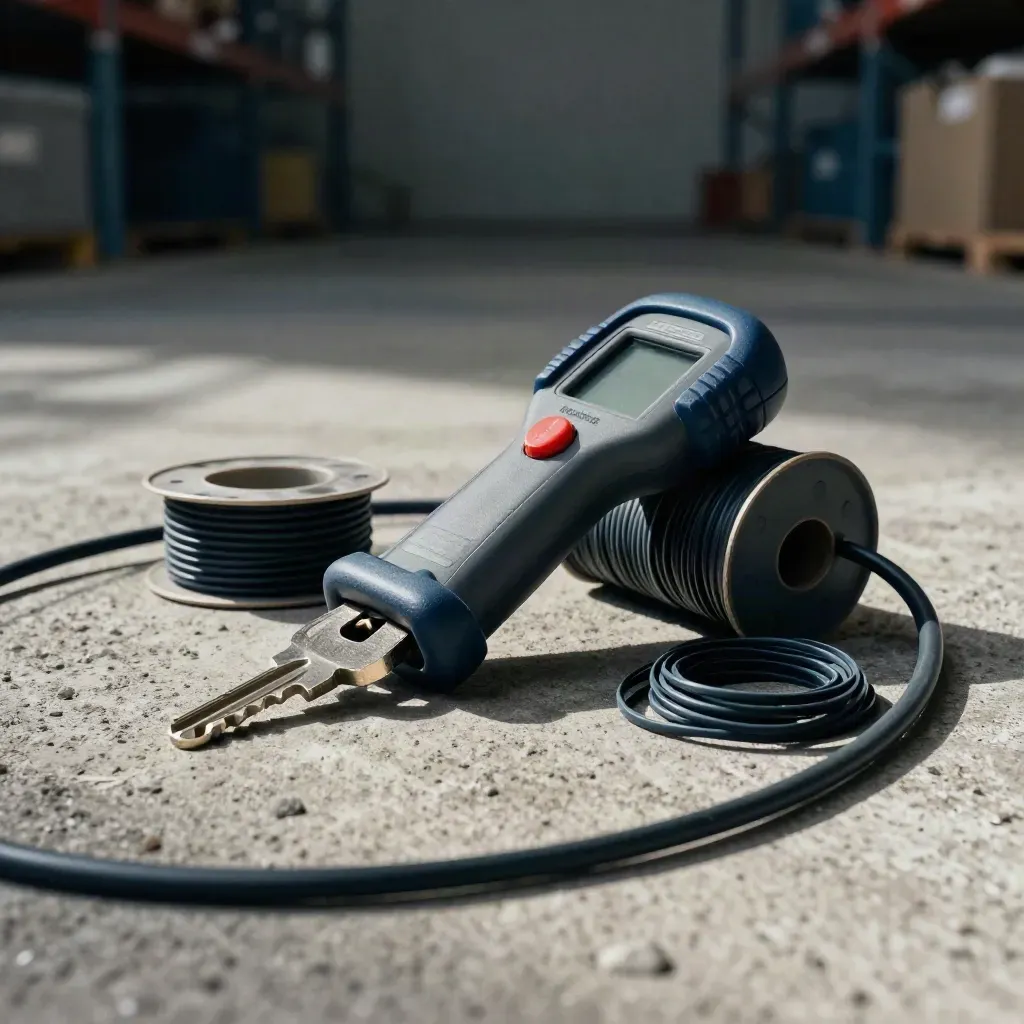 Maintenance tools on concrete floor: cable tester, rack key, cable ties and patch-cord spool.