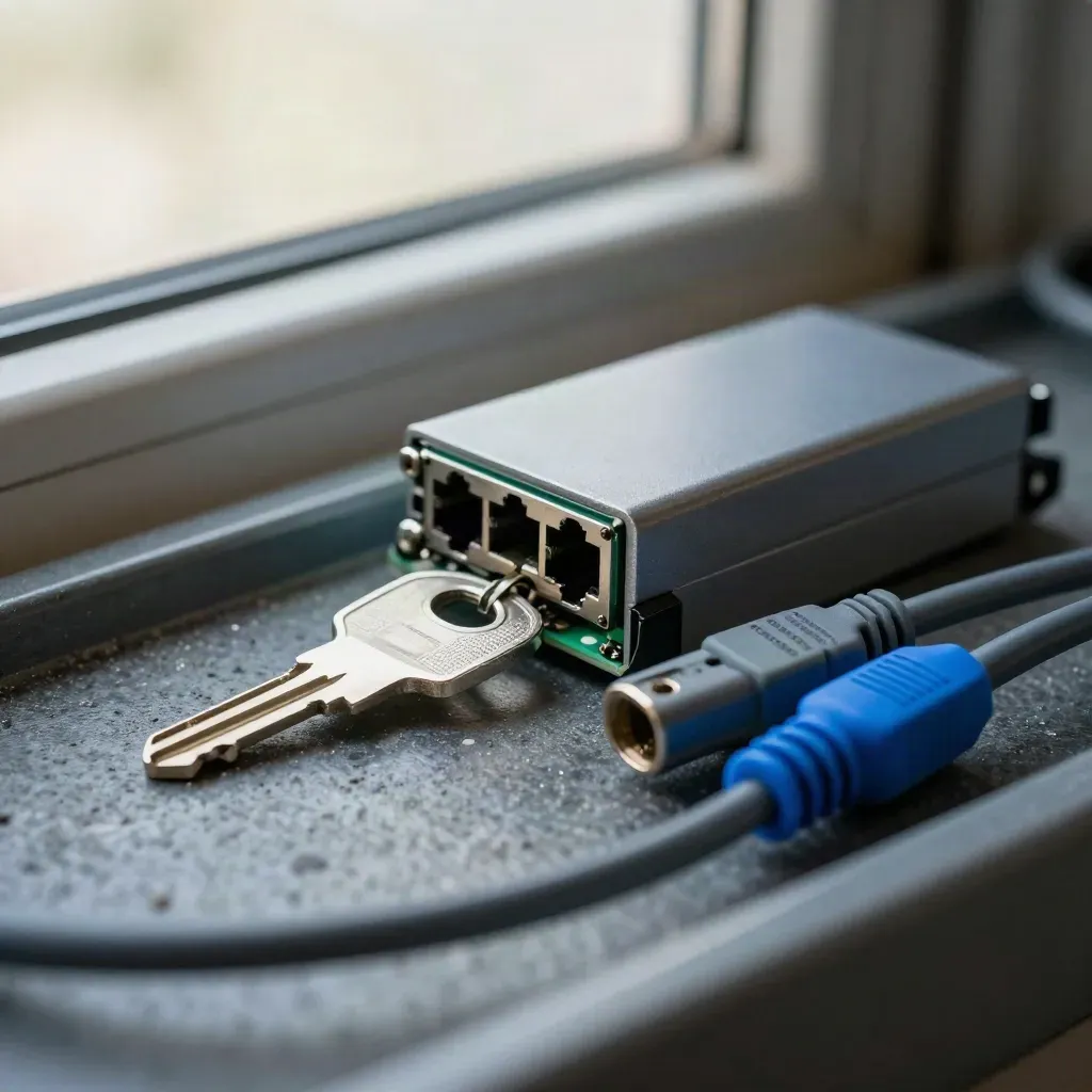 Macro IT maintenance tools on dark stone: rack key, switch module, drive caddy, patch leads.