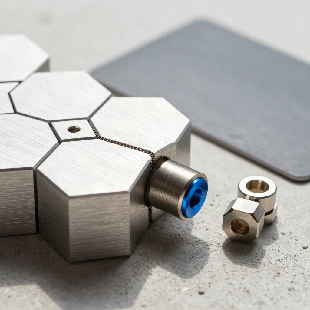 Macro of aluminium integration blocks and a spring clasp on pale concrete with a blue accent.
