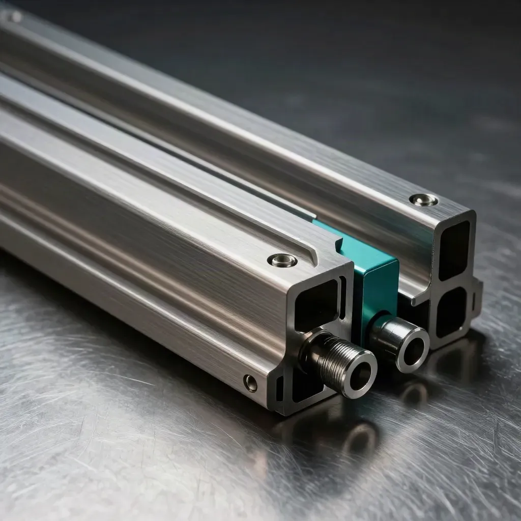 Brushed steel modular rails with pins and a locking brace, accented by muted teal.
