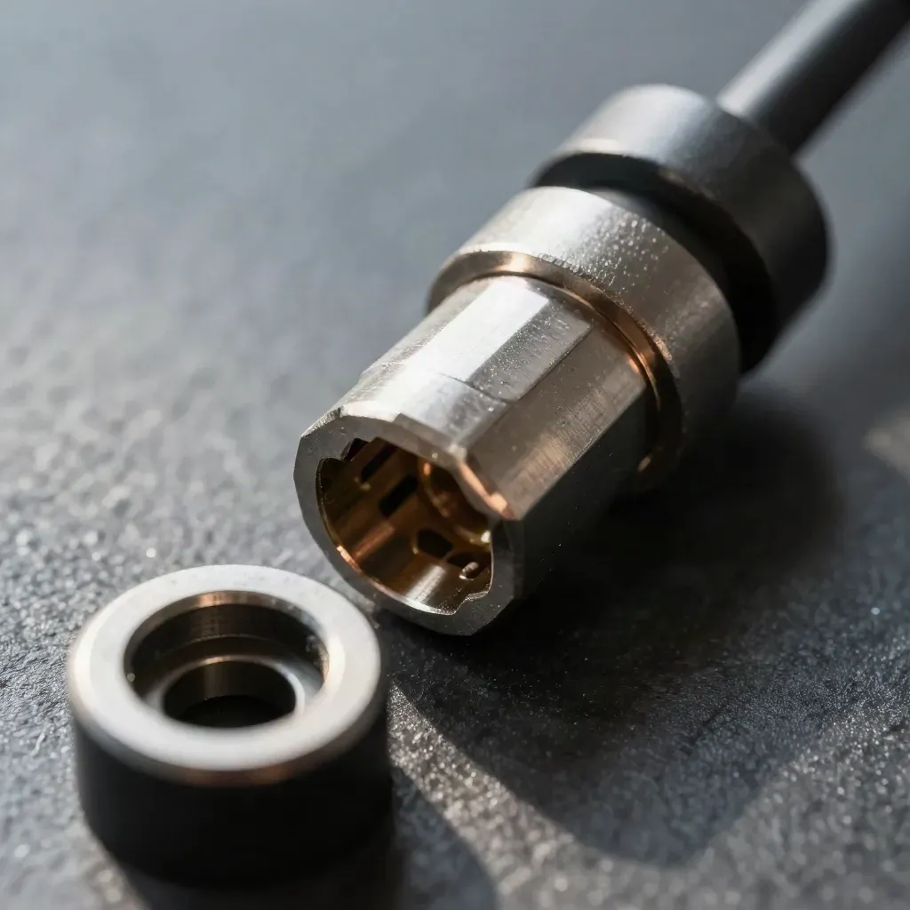 Low close-up of metal network connectors and spacer rings on dark slate with soft haze.