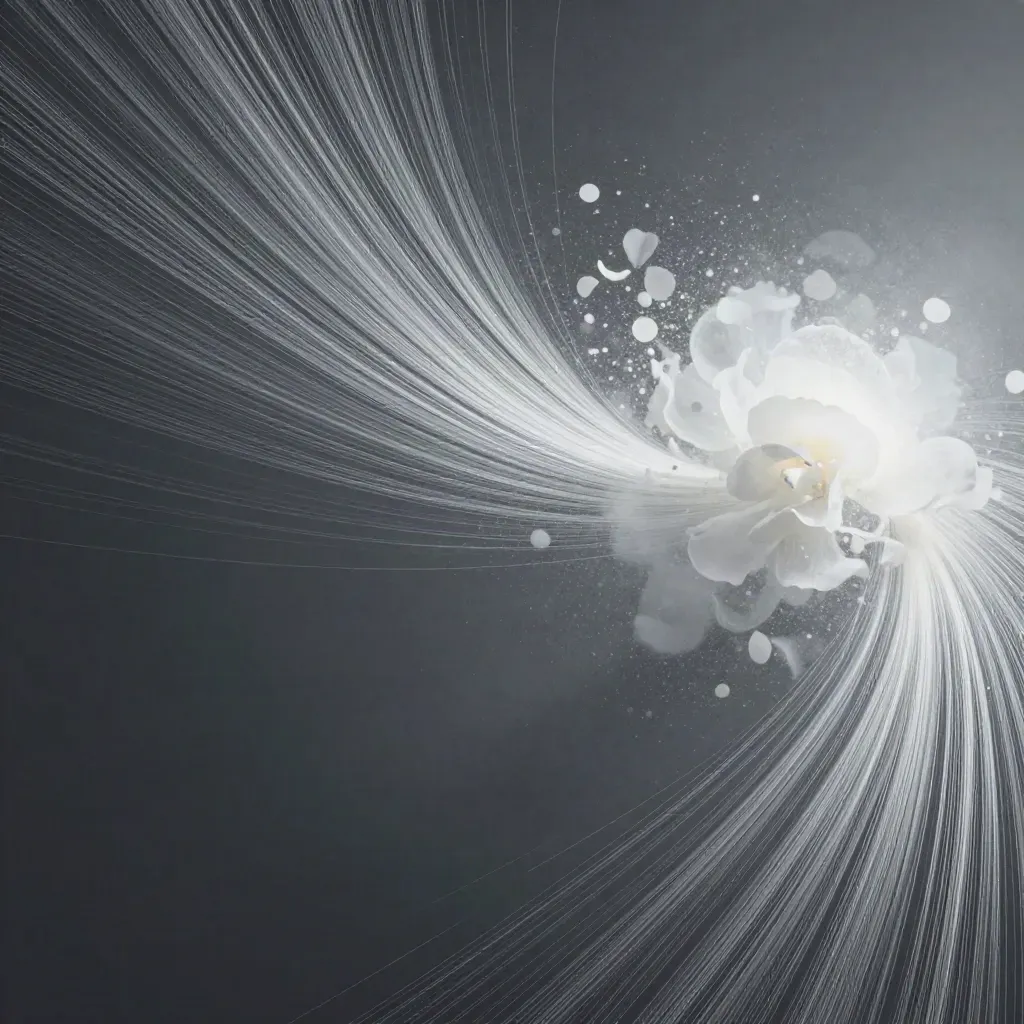Silver filaments converge into a soft white bloom in deep graphite haze.